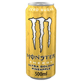 A 500ml Monster Ultra Golden Pineapple Energy Drink, showcasing a vibrant yellow design with the classic Monster logo and prominent "Zero Sugar" text.